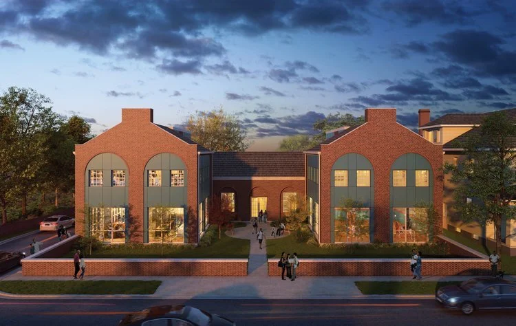 A digital rendering of a modern, two-story brick building complex with large windows, surrounded by trees and a sidewalk, under a cloudy evening sky.