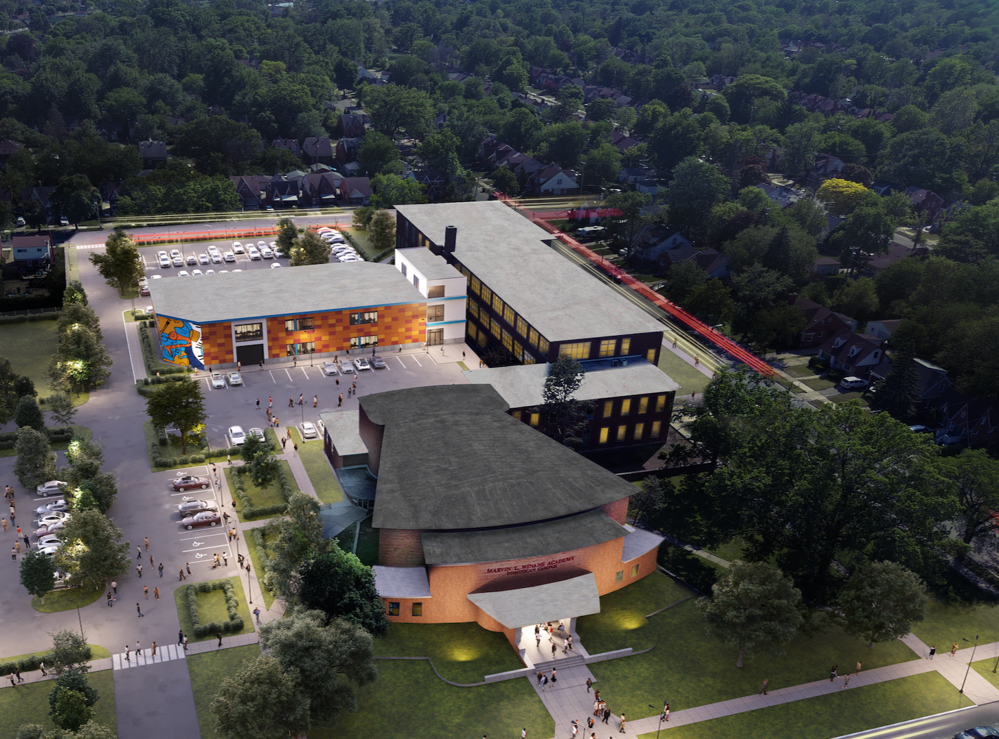 Aerial rendering of Anchor Detroit showing the former school building, relocated rear parking, and site improvements in Detroit, Michigan.