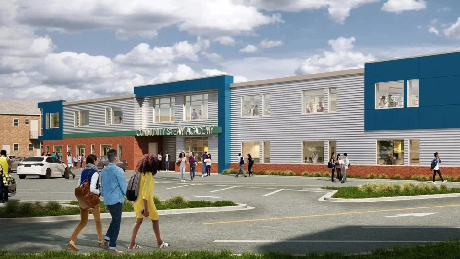 Rendering of a community steam academy building with people walking in front and cars parked nearby, under partly cloudy sky.