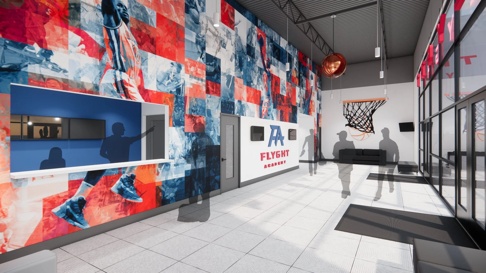 Interior of a basketball training facility with a colorful mural of basketball players on the wall, a reception desk labeled 'Flyght Academy', a basketball hoop, and a seating area near large glass windows.