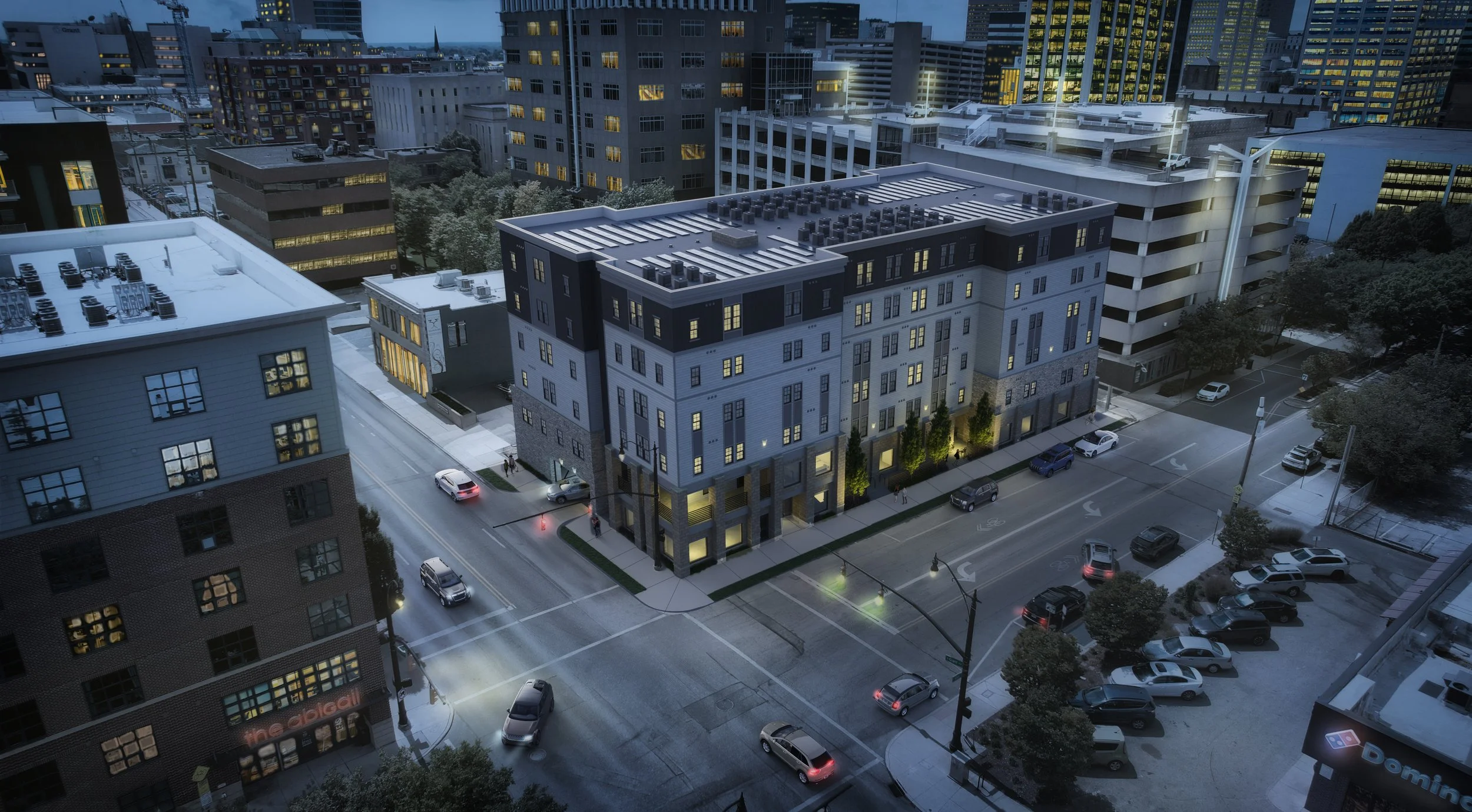 Aerial rendering of Artem on Gay at dusk showing the building's rooftop, its corner site, and the surrounding downtown Columbus blocks.