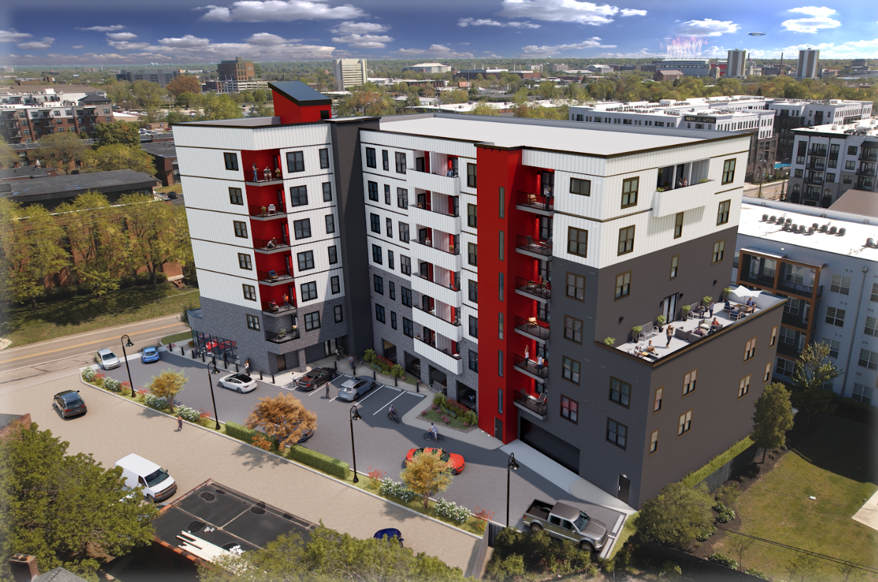 An animated rendering of a modern multi-story apartment building with a parking lot and rooftop terrace, set in an urban area with trees and other buildings in the background.