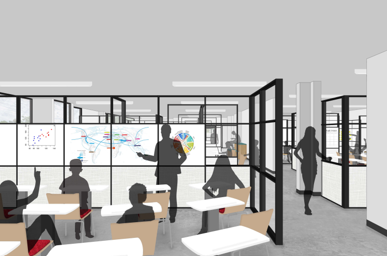 Modern office with glass partitions, employees working and collaborating, a presenter pointing at charts and graphs on screen.
