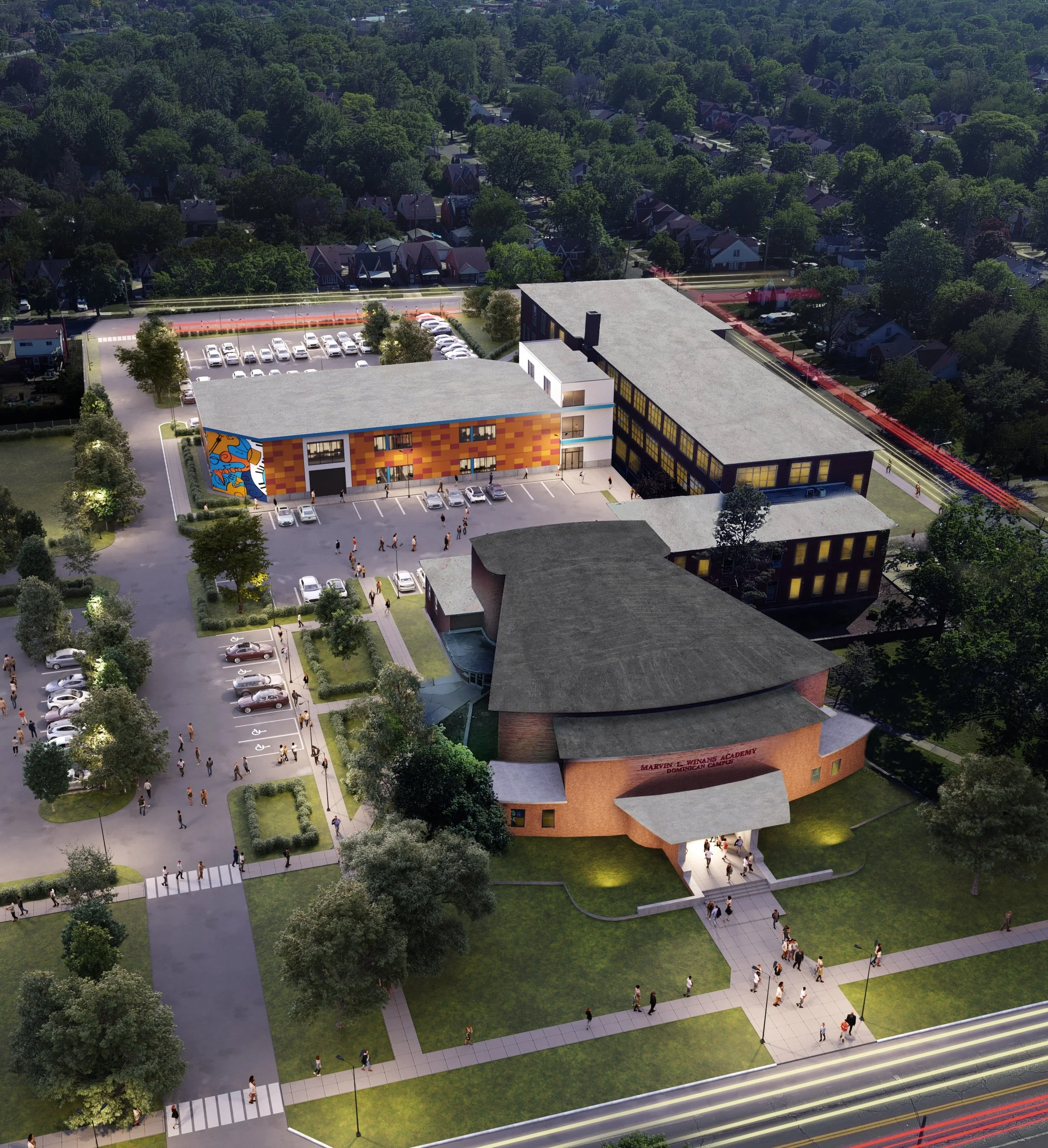An aerial view of adaptive reuse project in Detroit, Michigan.