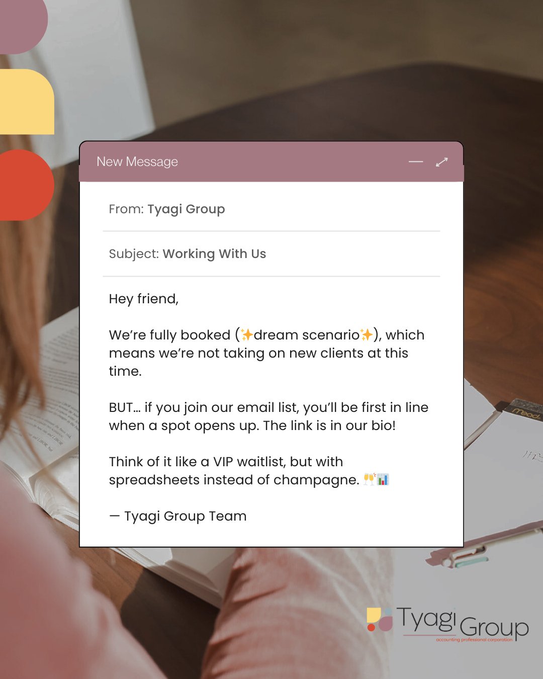 ✨ We&rsquo;re officially at full capacity&mdash;thanks to this incredible community! 💛⁠
⁠
That means we&rsquo;re not taking on new clients at the moment, and we don&rsquo;t expect to anytime soon. But don&rsquo;t worry, we&rsquo;ve saved you a spot 