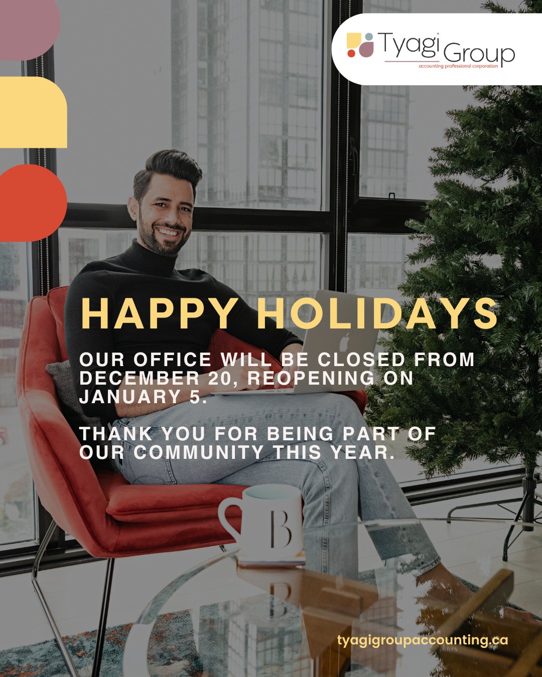 From all of us at Tyagi Group Accounting, we&rsquo;re wishing you a joyful, restful, and gratitude-filled holiday season. 💫⁠
⁠
Thank you to our incredible clients and community for trusting us with your financial journeys this year &mdash; it&rsquo;