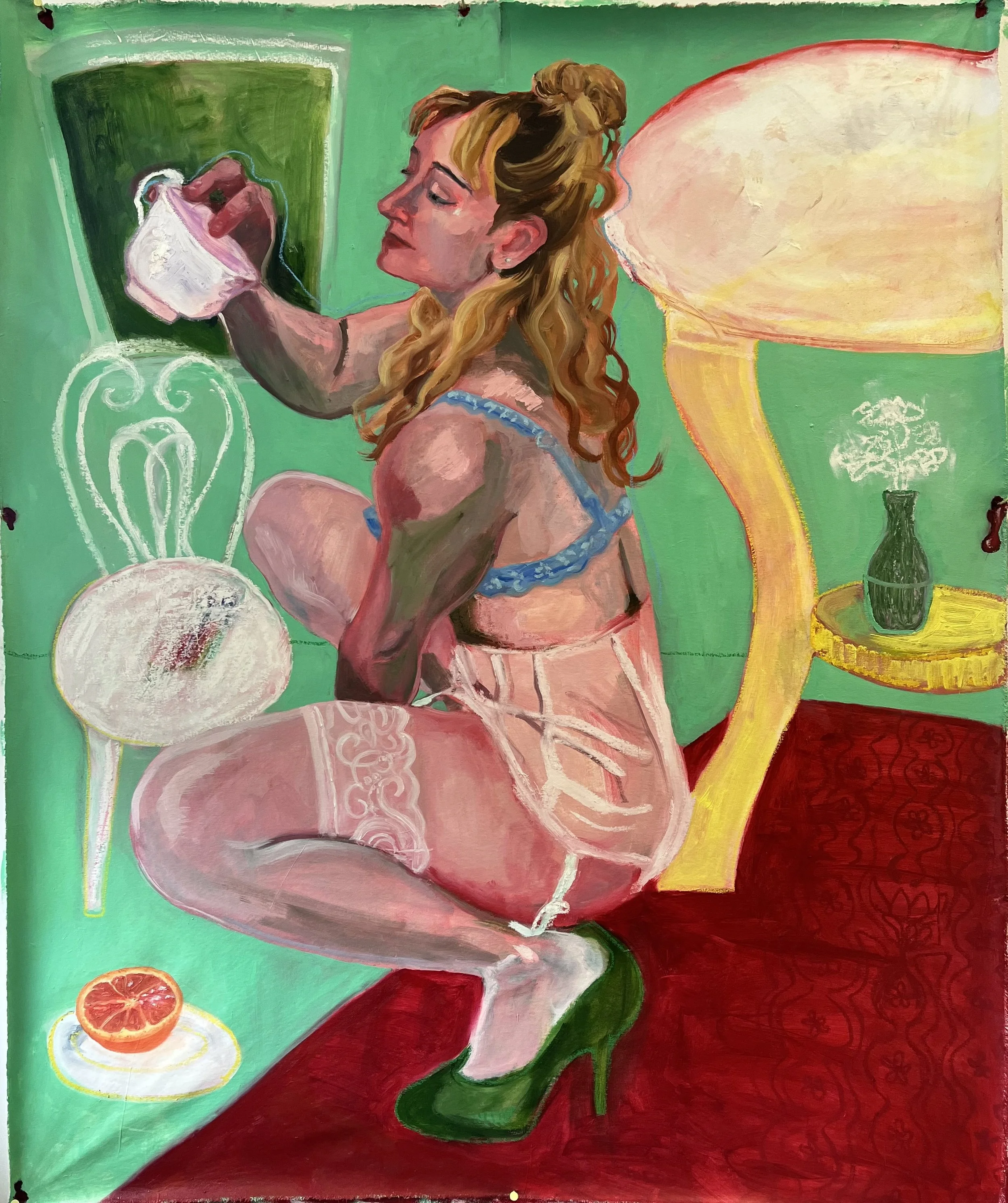 Doll House, oil, oil stick and oil pastel on canvas, 47 x 58" 2023