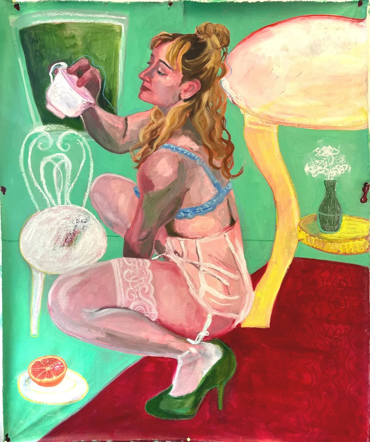 Doll House, oil, oil stick, oil pastel and yellow roofing nails on canvas, 60 x 48" 2023