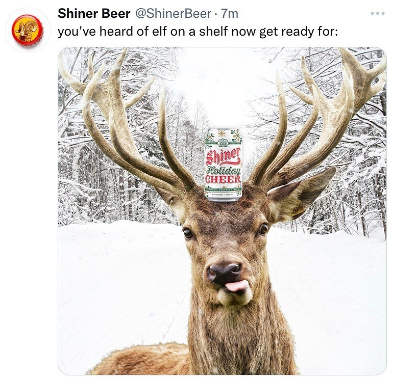 Beer on a deer? Holiday Cheer on a reindeer? Doe in the snow?? 🦌🍺

#ShinerBeer #ShinerHolidayCheer #Beer #Texas #ElfOnAShelf #Reindeer