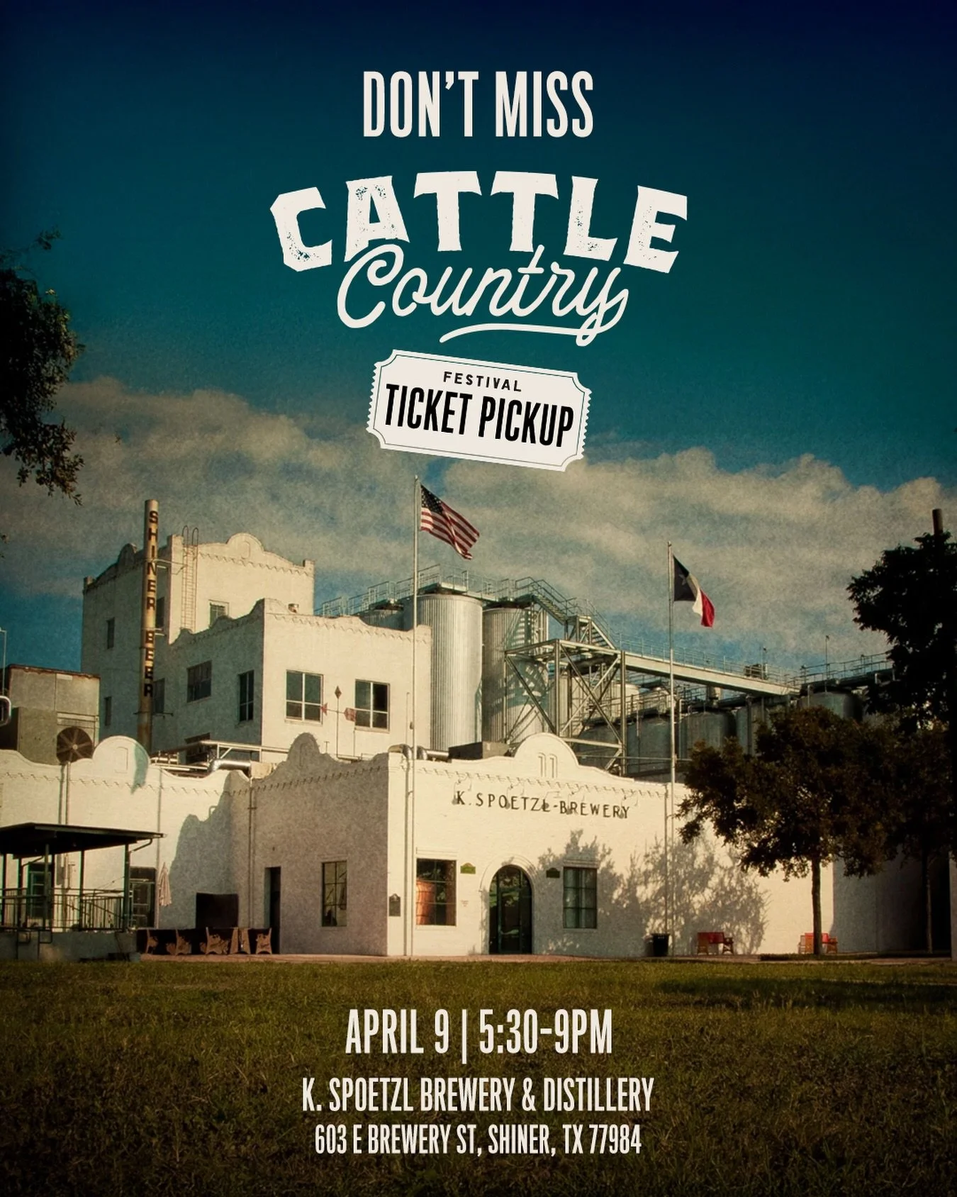 Drop by the Taproom at the Spoetzl Brewery April 9 from 5:30-9pm to pick up your tickets for @cattlecountryfest! 

But that&rsquo;s not all: Get two free Shiner beer tokens when you pick up your tickets&mdash;the Rickhouse is open for dinner and drin