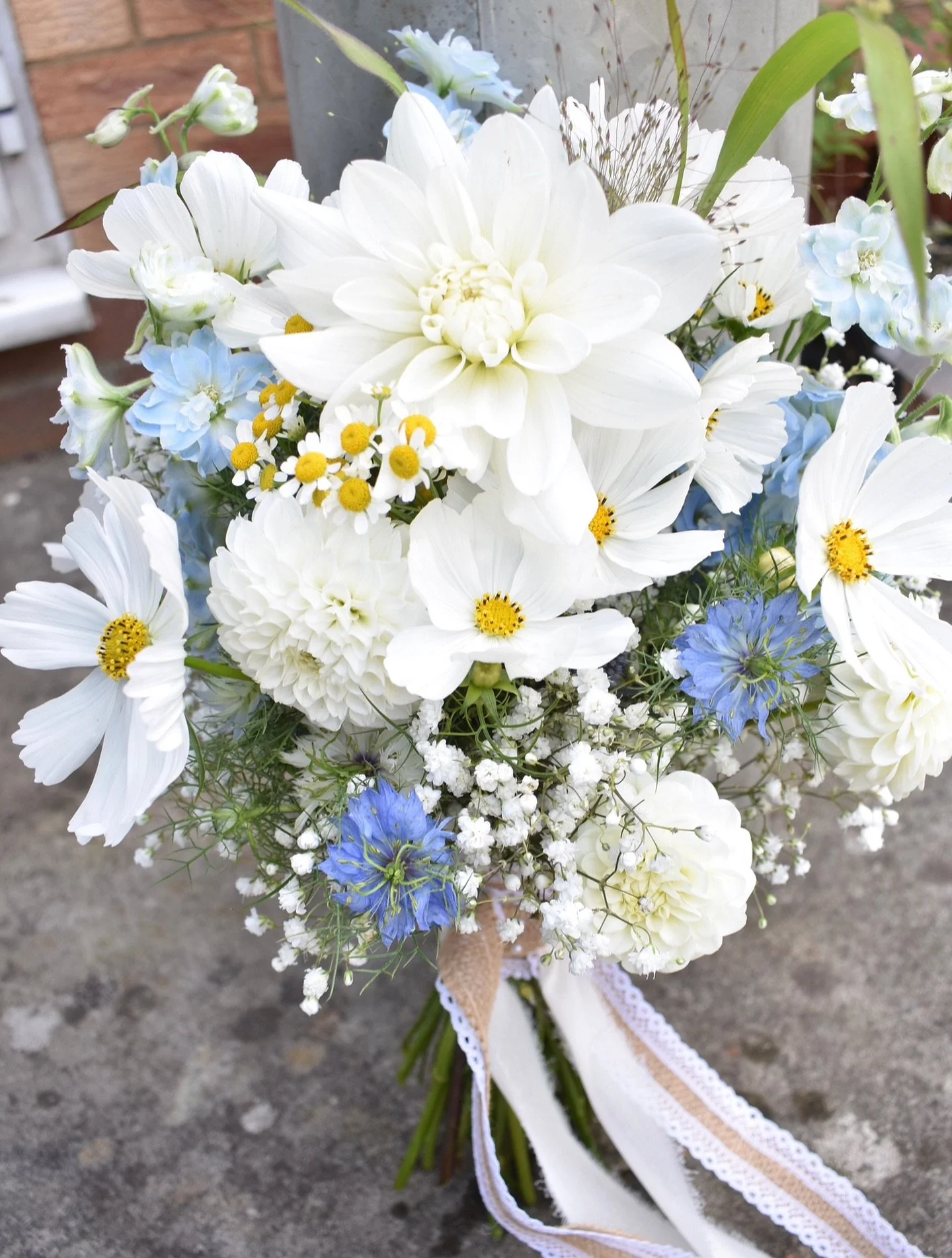 Dahlia and blue nigella bridal bouquet - loved making this for the lovely bride S 💙🤍🌻