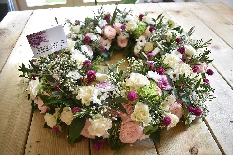 funeral open wreath in pink
