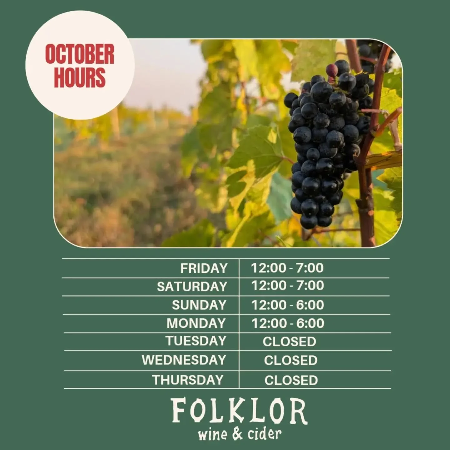 In October, we're open

Friday 12:00 - 7:00

Saturday 12:00 - 7:00

Sunday 12:00 - 6:00

Monday 12:00 - 6:00

Catch us downtown Charlevoix for Applefest Oct 10-12 for cider, wine &amp; some fun merch.

See you at the farm 🍂
