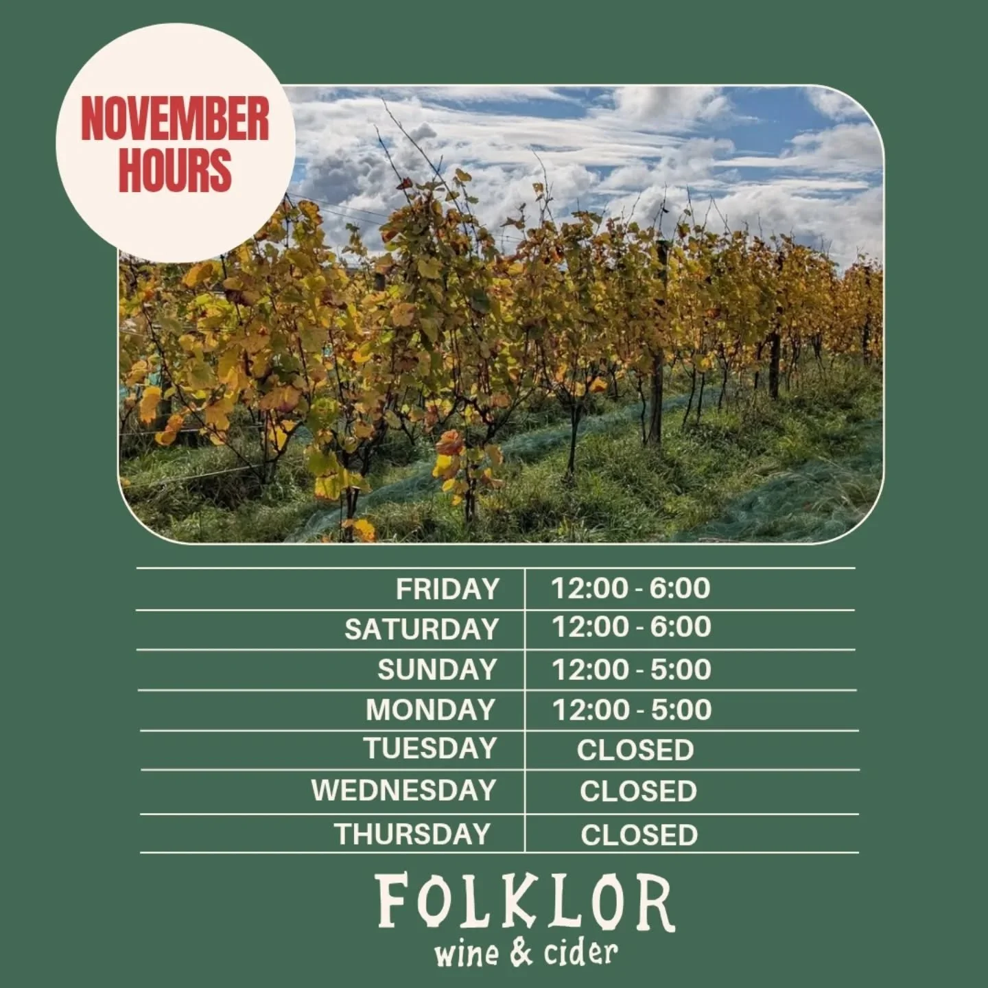 November hours &amp; events!

This month we're open 12:00-6:00 Friday &amp; Saturday and 12:00-5:00 Sunday &amp; Monday. Bonfires and mulled cider on the weekends, cozy porch vibes always ☕

We've got two events coming up

Join us at @goodbowleatery 