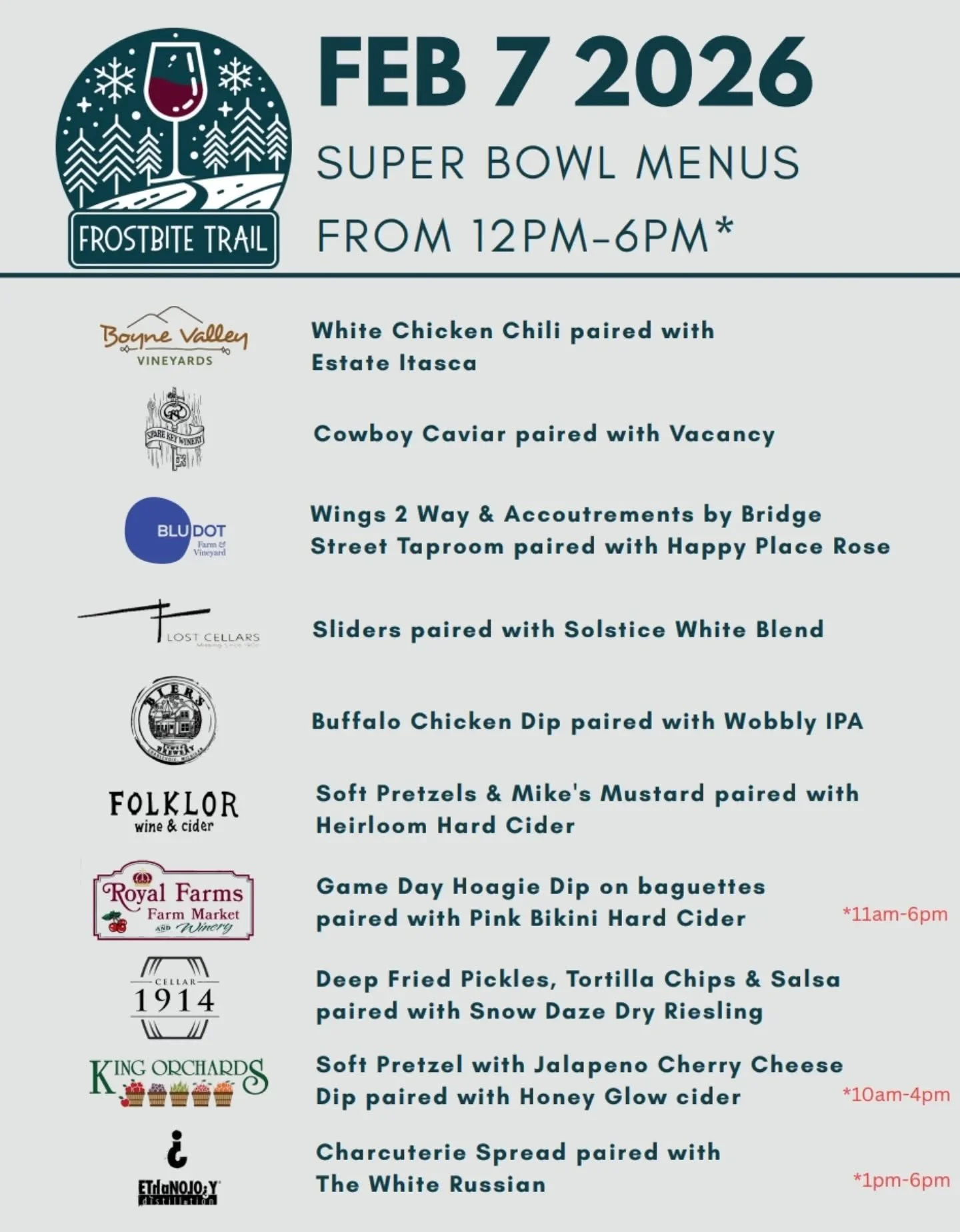 See you Saturday for the February @frostbitetrailnomi

We're pairing our Well Now heirloom dry cider with soft pretzels - home made by our friend Anna&nbsp;@biersinwoodbrewery and Mike's Mustard.&nbsp;

We're also running a 20% off sale on our canned