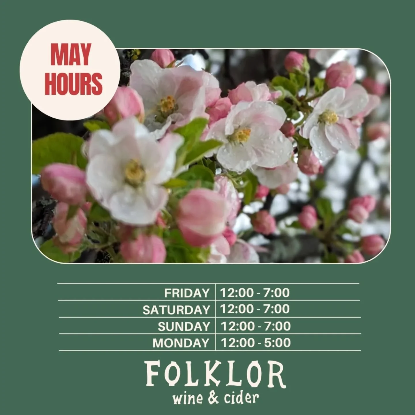 Daylight hours are getting longer! In May, we'll be open 
12-7 Friday, Saturday &amp; Sunday, and 12-5 Monday.

See you at the farm 🌸