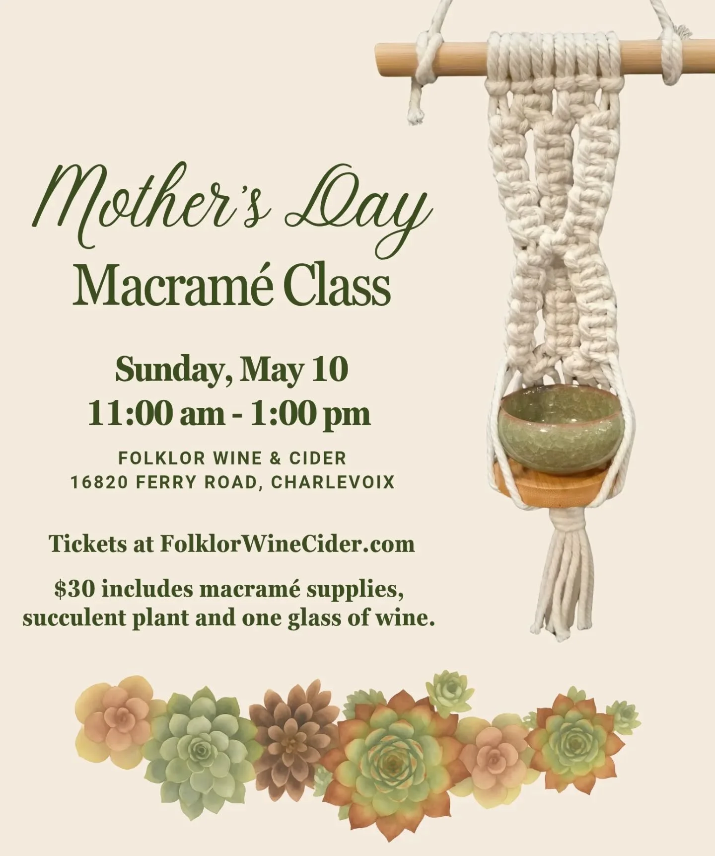 Join us for a Mother's Day Macrame Class taught by our friend Dawn Guthre. Dawn will teach you how to create a mini macrame plant hanger. $30 includes macram&eacute; supplies, a succulent plant and one glass of wine. 

The class will take place at Fo