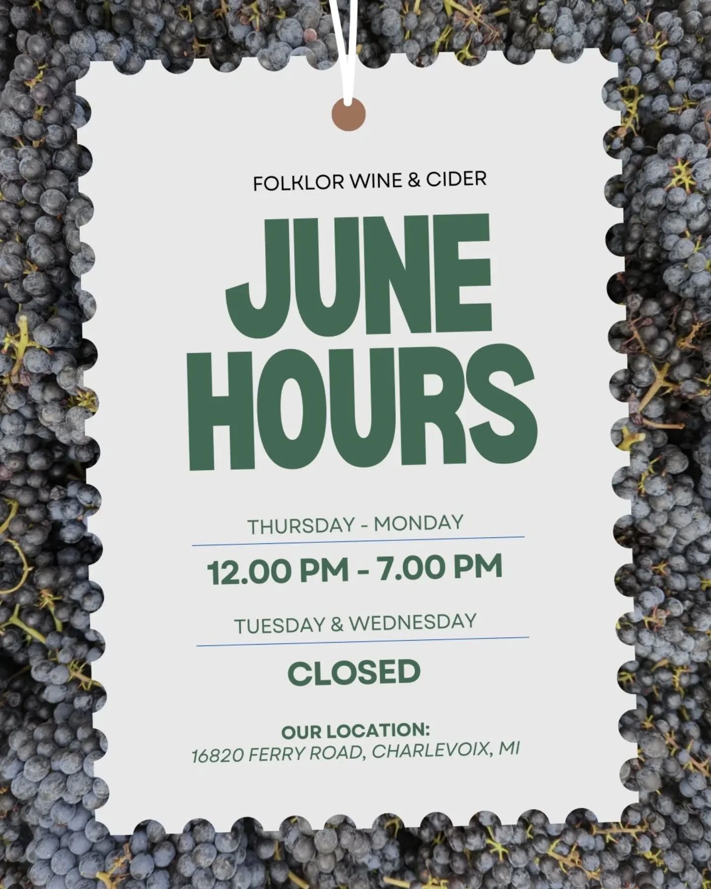 June hours &amp; events!

We're open 12-7 Thurs, Fri, Sat, Sun &amp; Mon

Come see Iza at the Downtown Charlevoix Farmers Market every Thursday 8-1 

Saturday, June 13
Tasting at @pleasantcitycoffee
 DM us for ticket link! 

Sunday, June 14
Riesling 