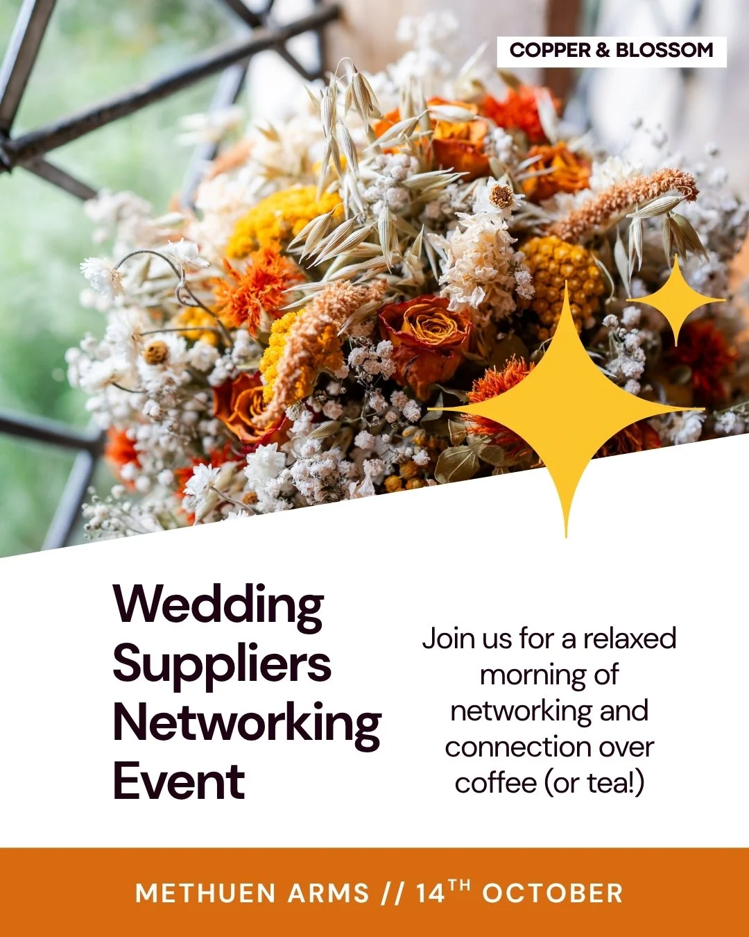 If you're not on my mailing list then you might have missed that our next wedding supplier event is happening NEXT WEEK!

If you would like to join us for some relaxed networking over a hot beverage then you can book your space by following this link