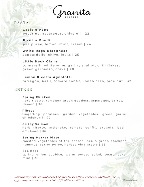 Dinner Menu — Granita