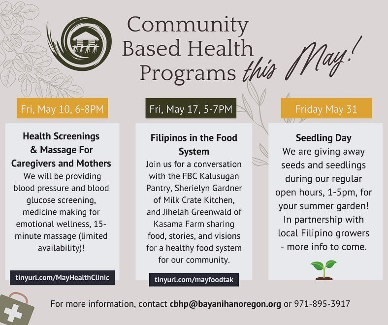 Check out the Community-Based Health Program&rsquo;s May 2024 calendar! All events are free admission and will be at the center:

[FRIDAY MAY 10 | 6-8p]  Mama&rsquo;s Day Health Screenings &amp; Massage for Mamas and Caregivers: We will be providing 