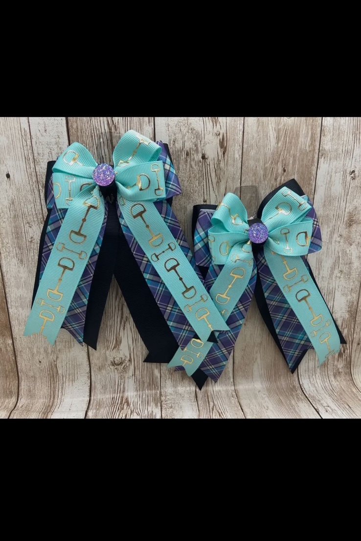 Benny Bows Horse Show Bows - Aqua Bits with Purple Plaid On Black