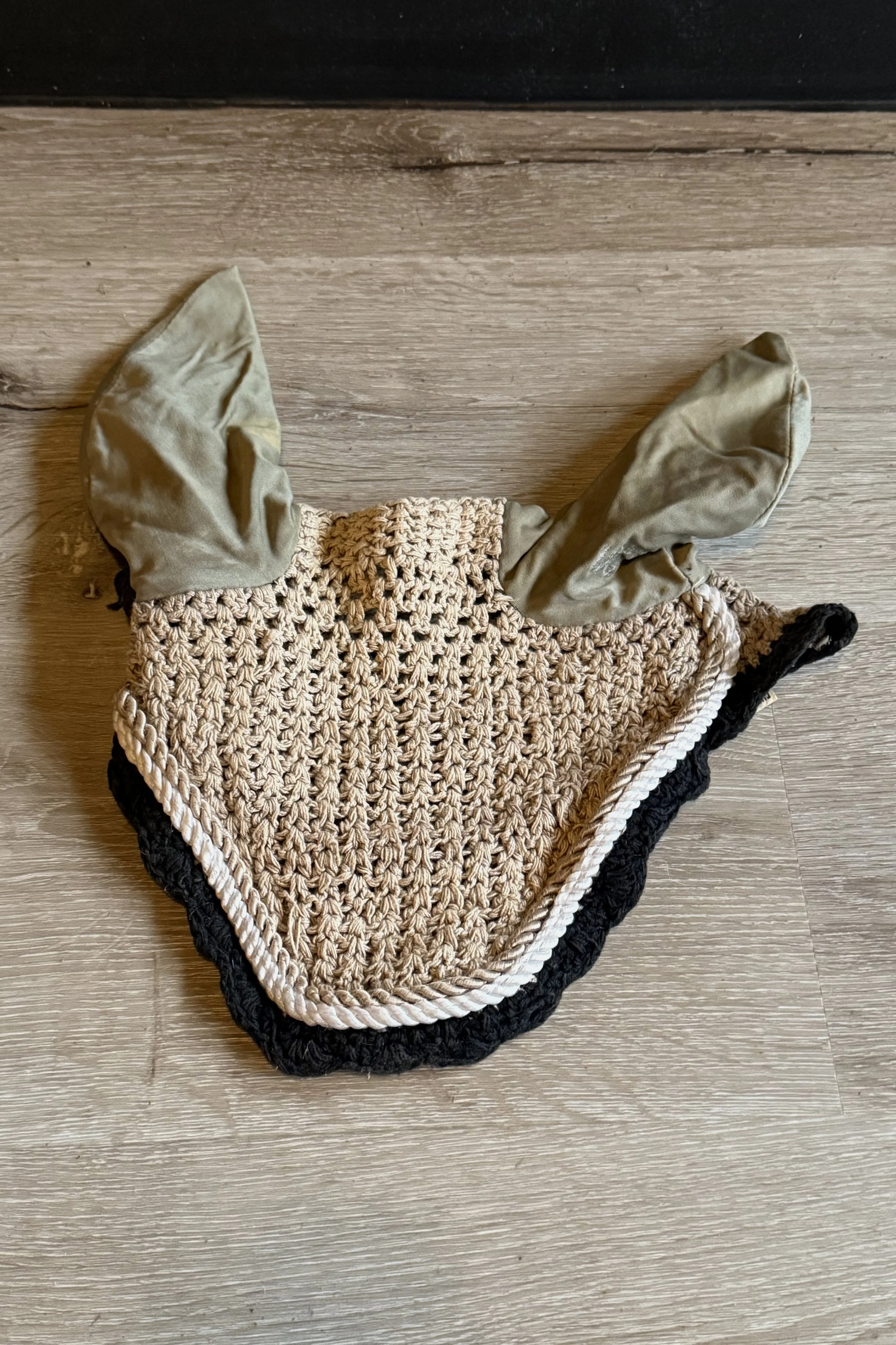 Crochet Bonnet In Tan, Black & White - Full