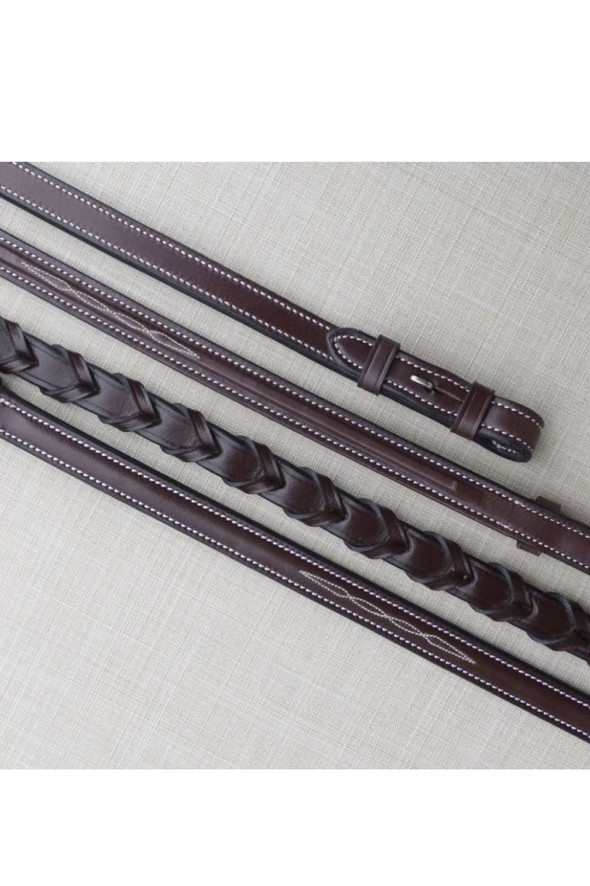 KL Select Red Barn Square Raised Fancy Laced Reins In Brown - 2nd Round Equestrian