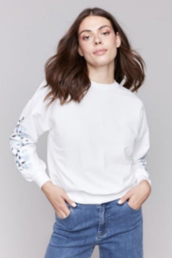 Charlie B Flower Embroidery Crew Neck Sweatshirt In White - 2nd Round Equestrian