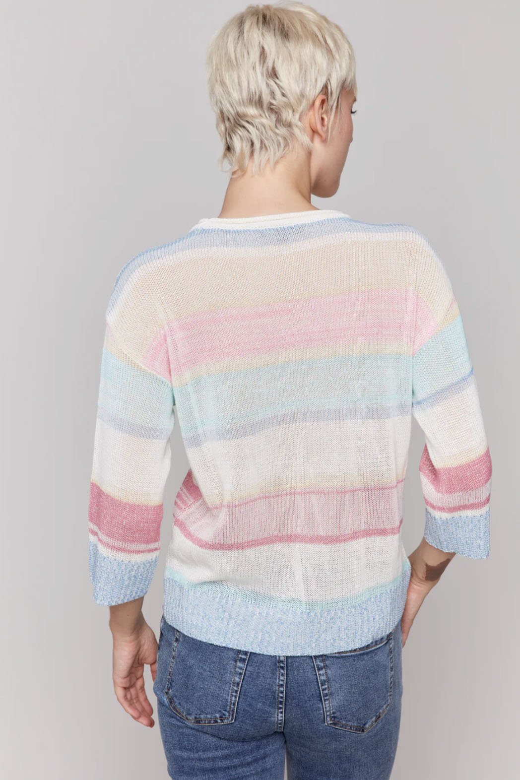 Charlie B Striped 3/4 Sleeve Crew Neck Jersey Sweater In Pastel - 2nd Round Equestrian