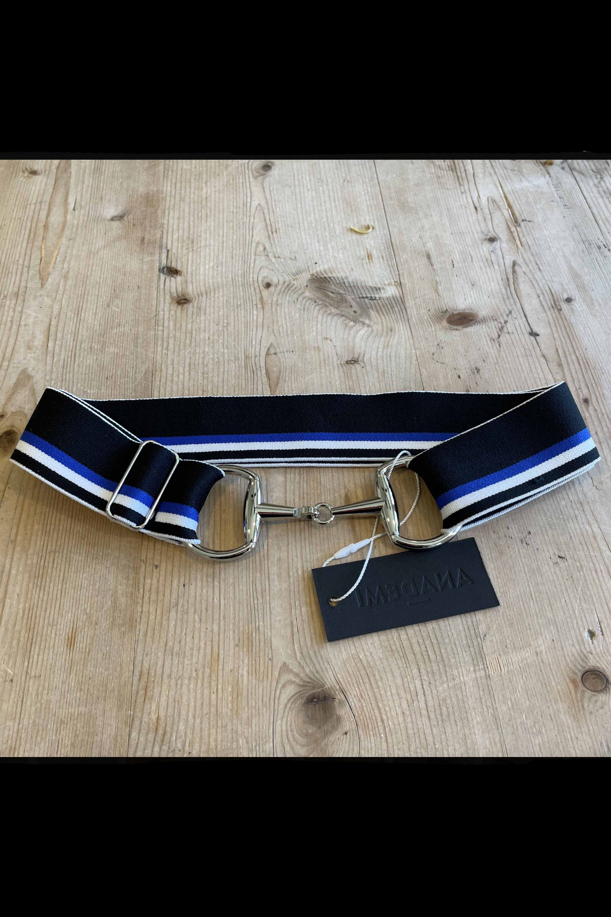 Anademi Adjustable Stretch Bit Belt In Black With Royal & White Stripes