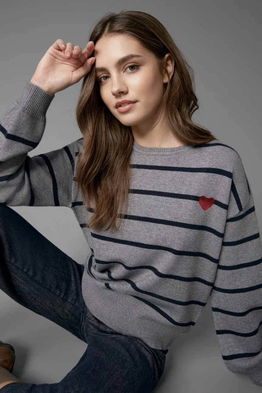 Charlie B Crew Neck Sweater With Heart Embroidery In Medium Grey