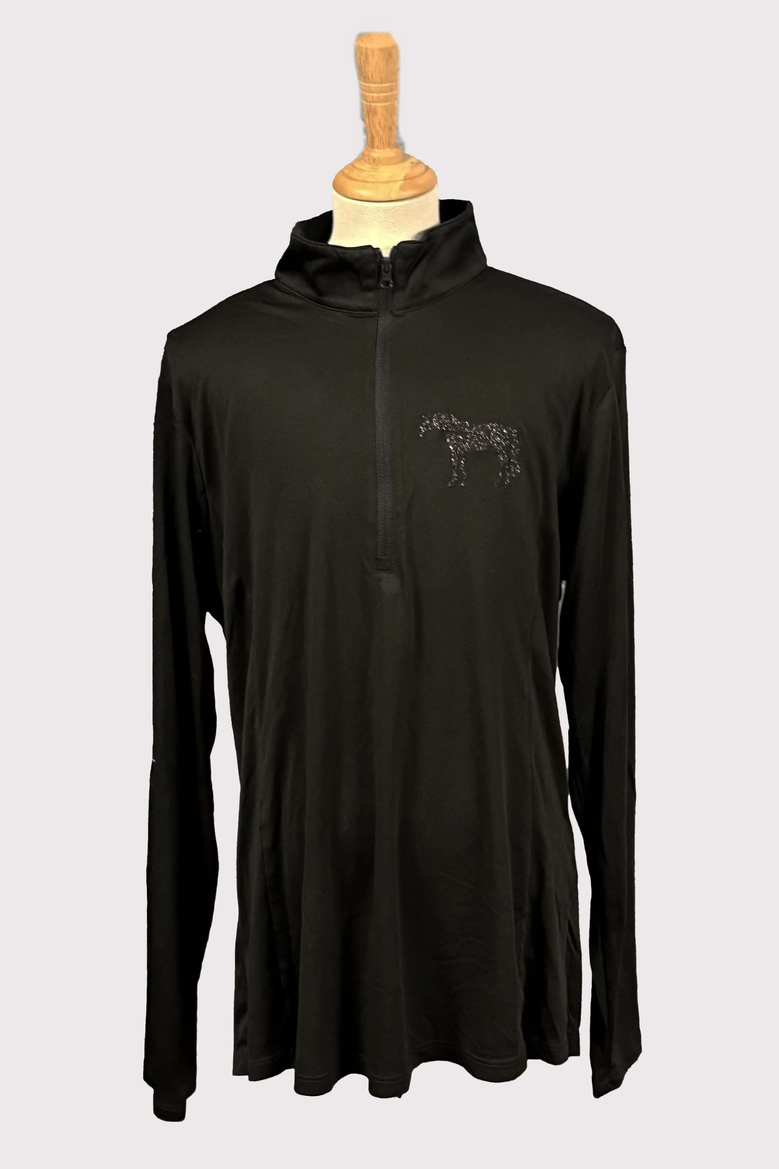 Long Sleeve 1/4 Zip In Black With Glitter Horse & Logo - Large