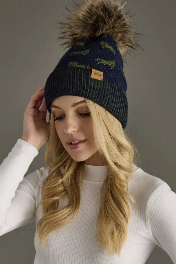 Panache Apparel Horse Pattern Pom Hat In Navy