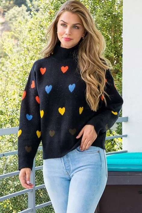 Theme Color Hearts Mock Neck Knit Sweater In Black - 2nd Round Equestrian
