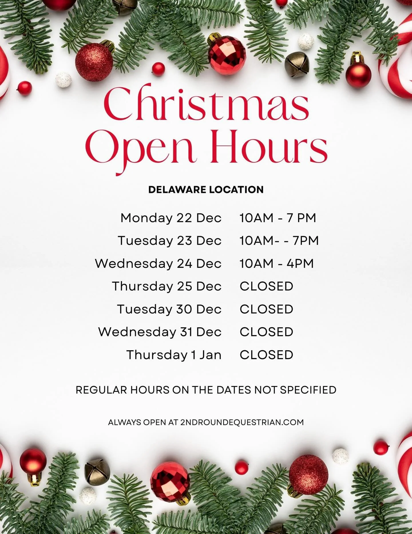 Holiday hours for our Delaware store