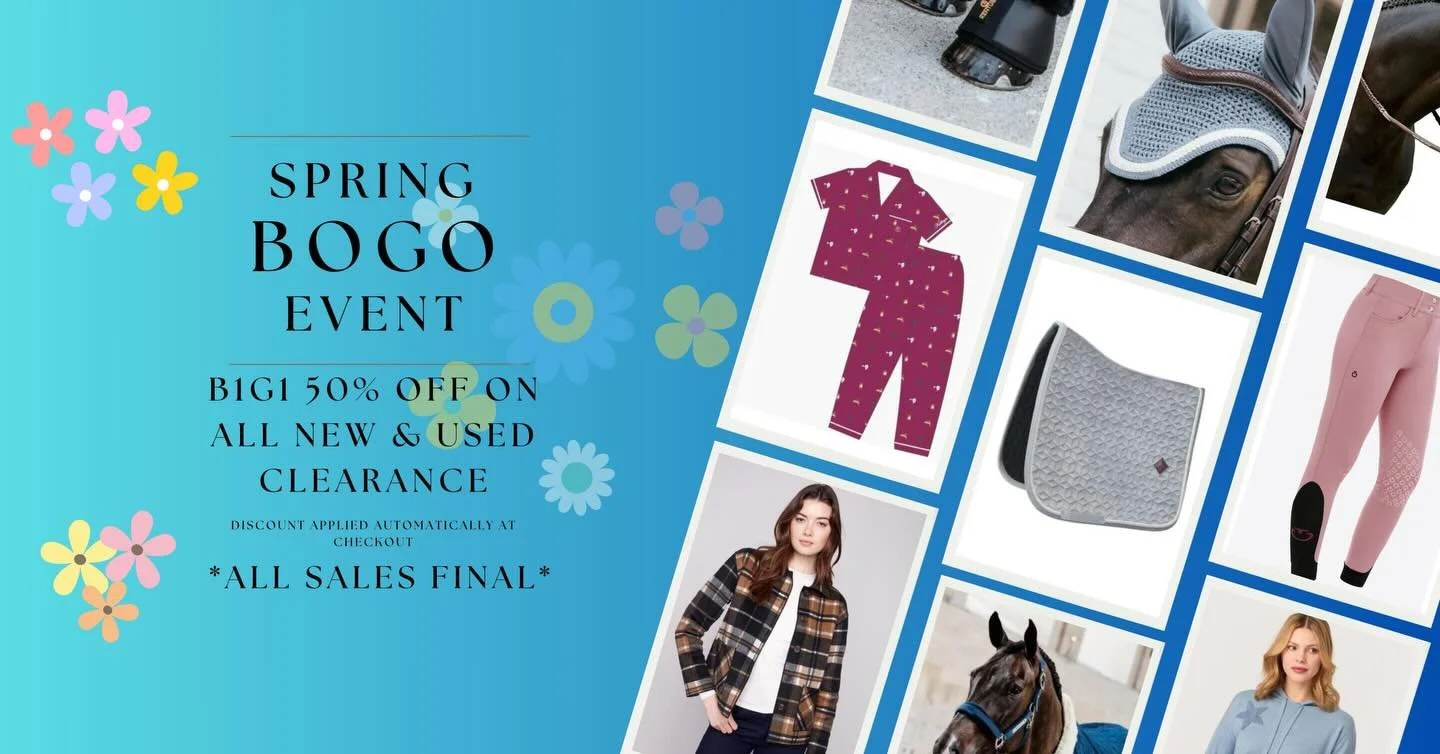 Clearance Event Happening Now At 2ndroundequestrian.com. Buy 1 Get 1 50% OFF on ALL New &amp; Used Clearance Items. Top brands including Kentucky Horsewear, TKEQ, J Society and so much more.

Want to visit us in person? Visit our store:
332 East Wint