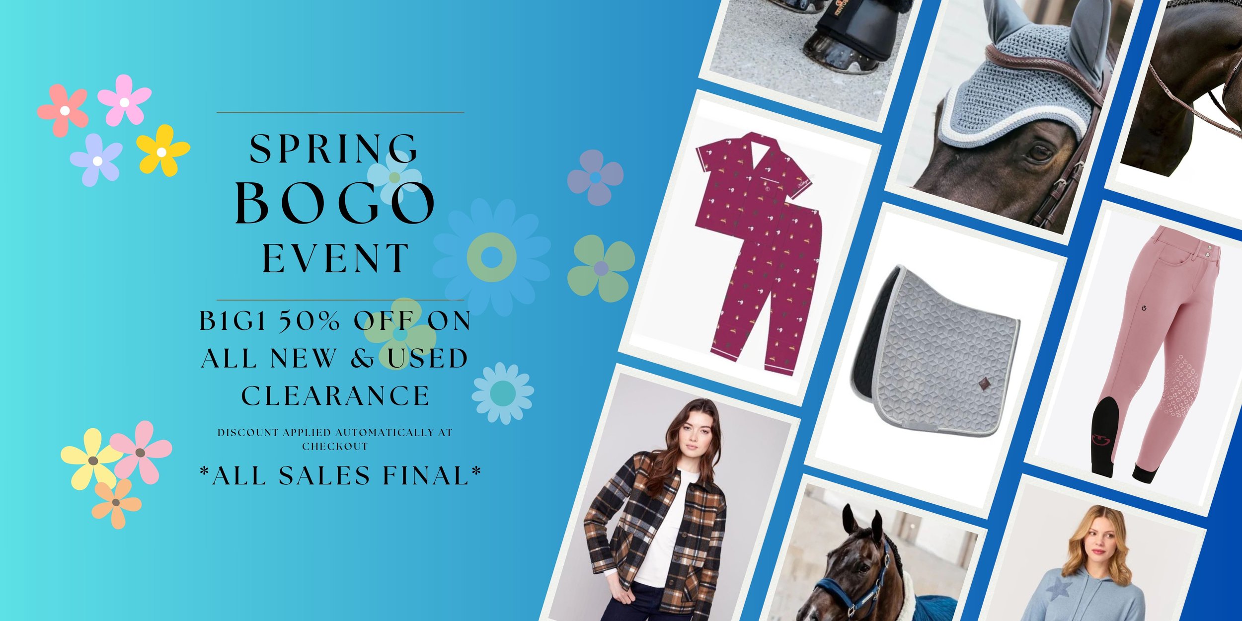 Advertisement for a spring buy one get one 50% off event on all new and used items, including clothing, accessories, and horse riding gear, with photos of clothing, horse saddles, and a woman modeling a plaid jacket.