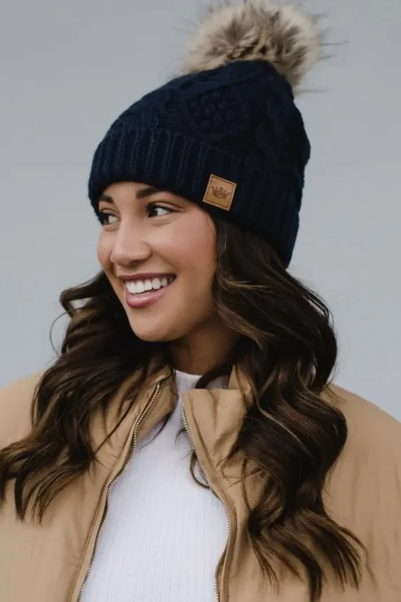 Panache Apparel Cable Knit Pom Hat In Navy