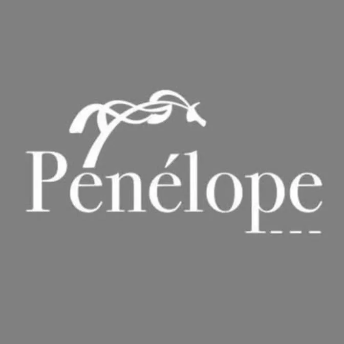 Logo featuring the word 'Pénélope' with a stylized floral design above it on a gray background.