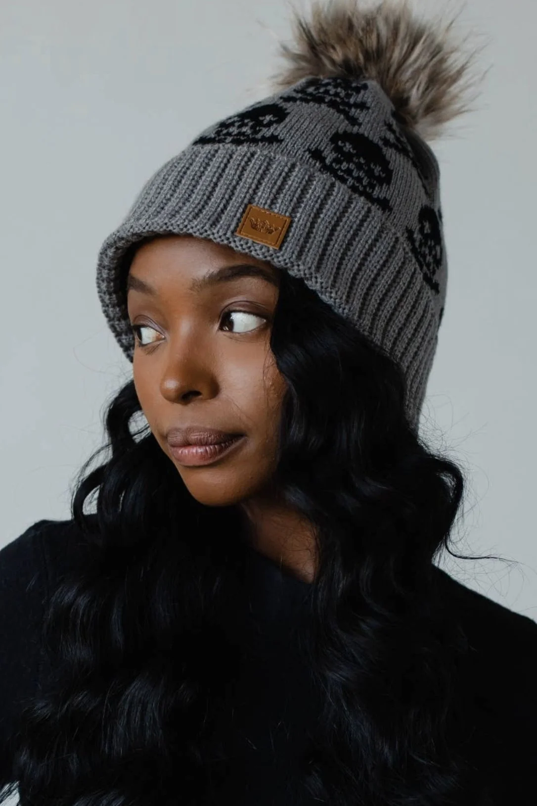 Panache Apparel Skull Pattern Pom Hat In Grey