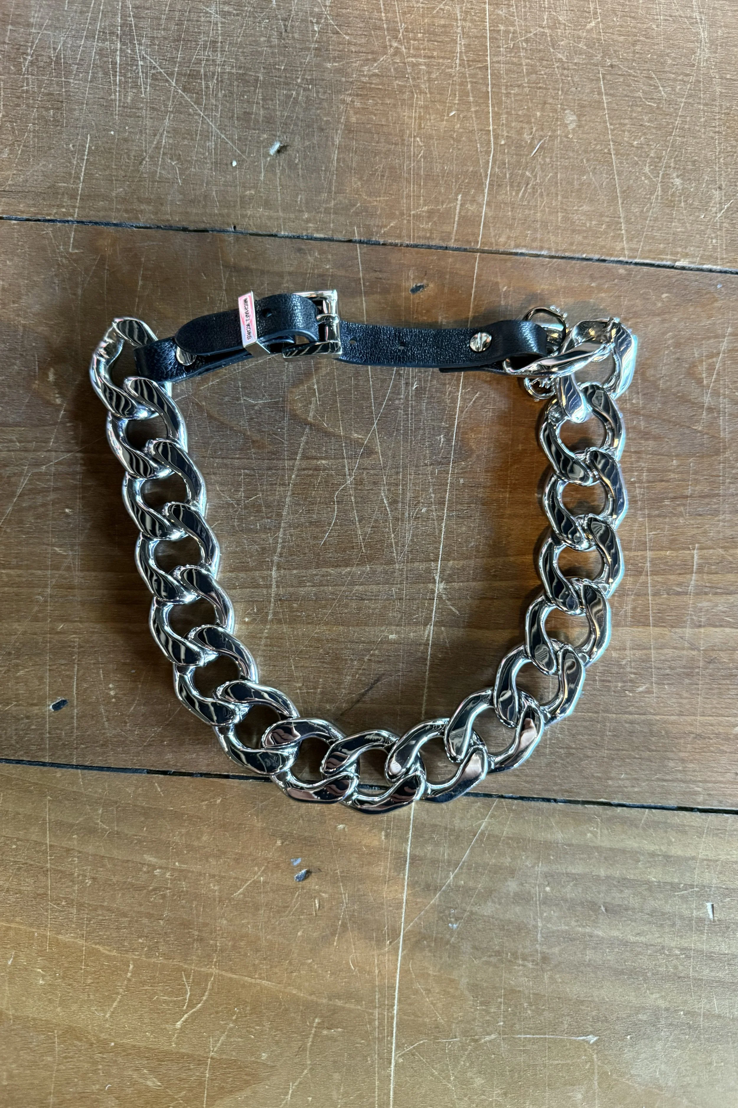 Michael Kors Dog Chain Choker Necklace with Leather Buckle Closure - 17"