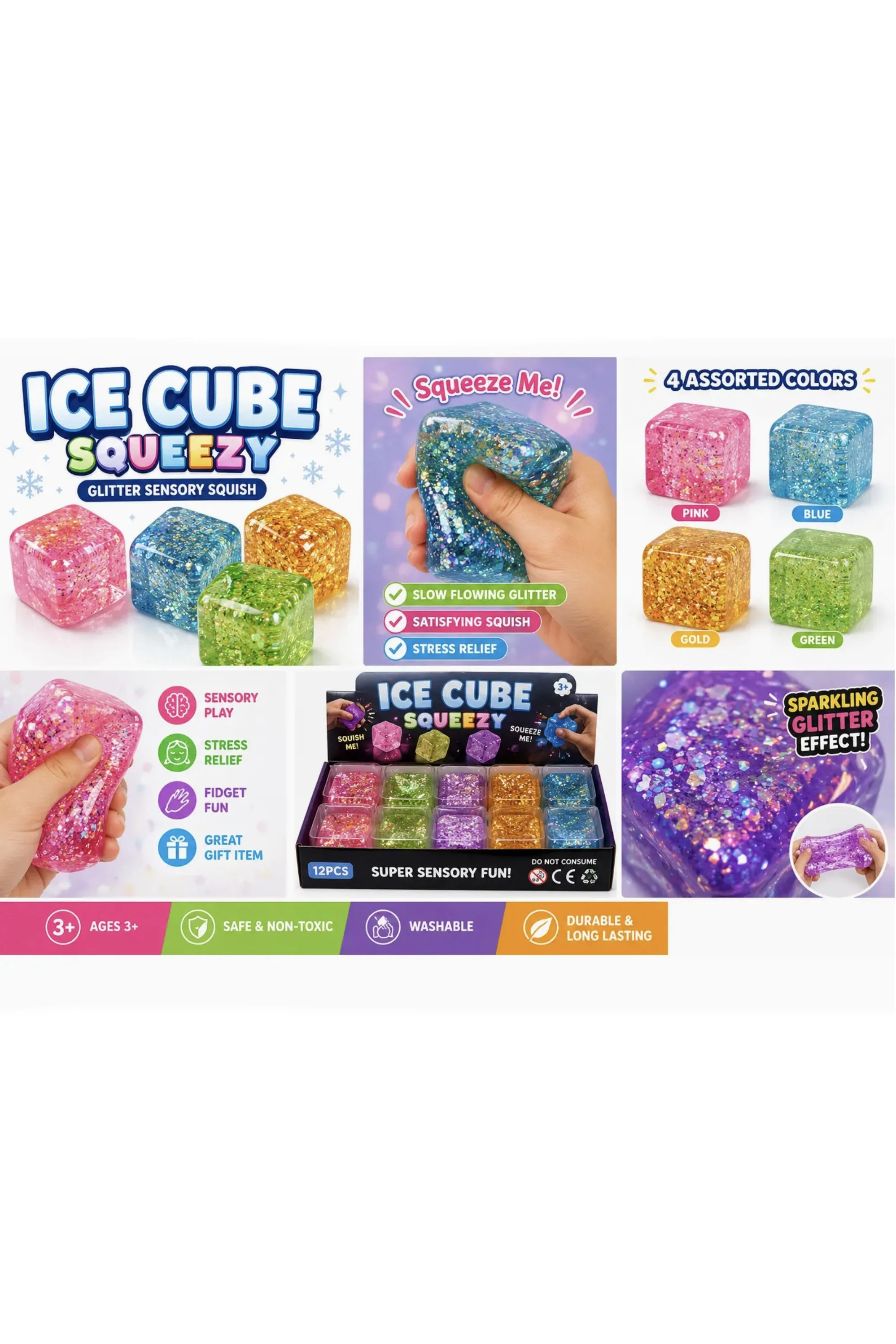 Glitter Ice Cube Squeezy – Sensory Fidget Squish Toy