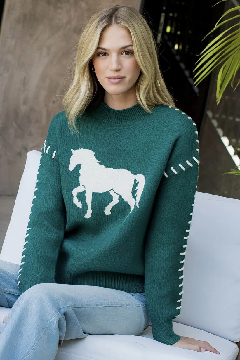 THML Stitch Detail Horse Knit Sweater In Green