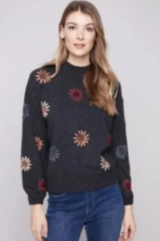Charlie B Mock Neck Sweater With Floral Embroidery In Charcoal