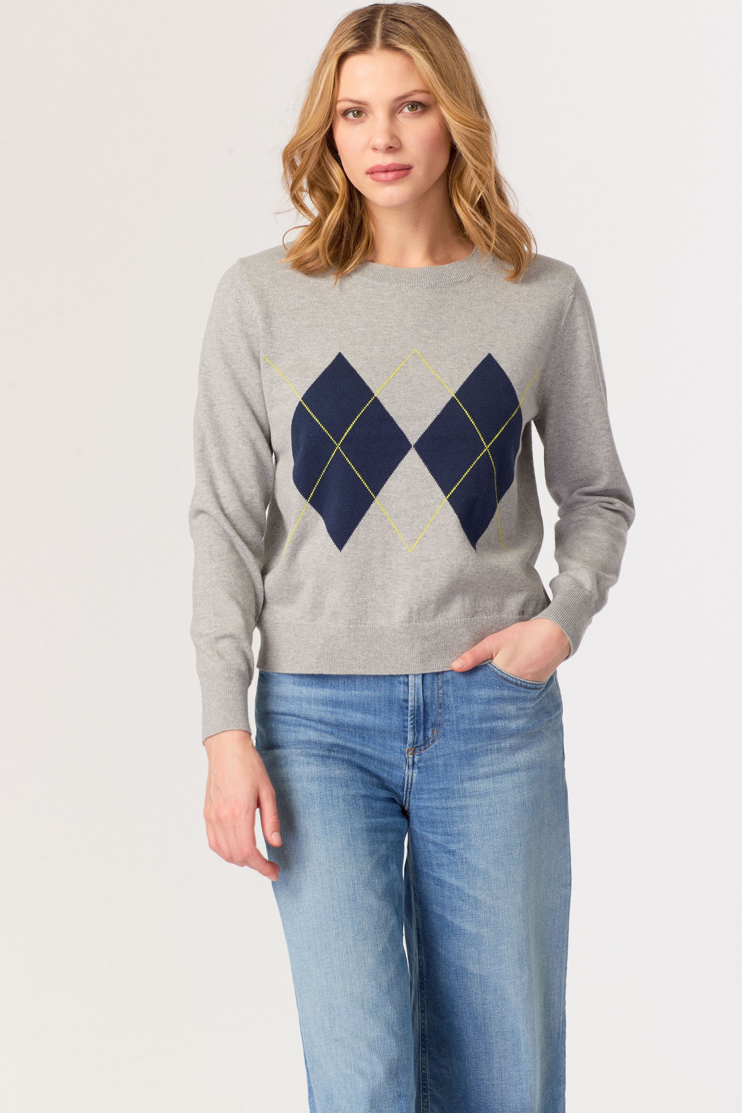 J Society Argyle Knit Crew Neck In Heather Grey