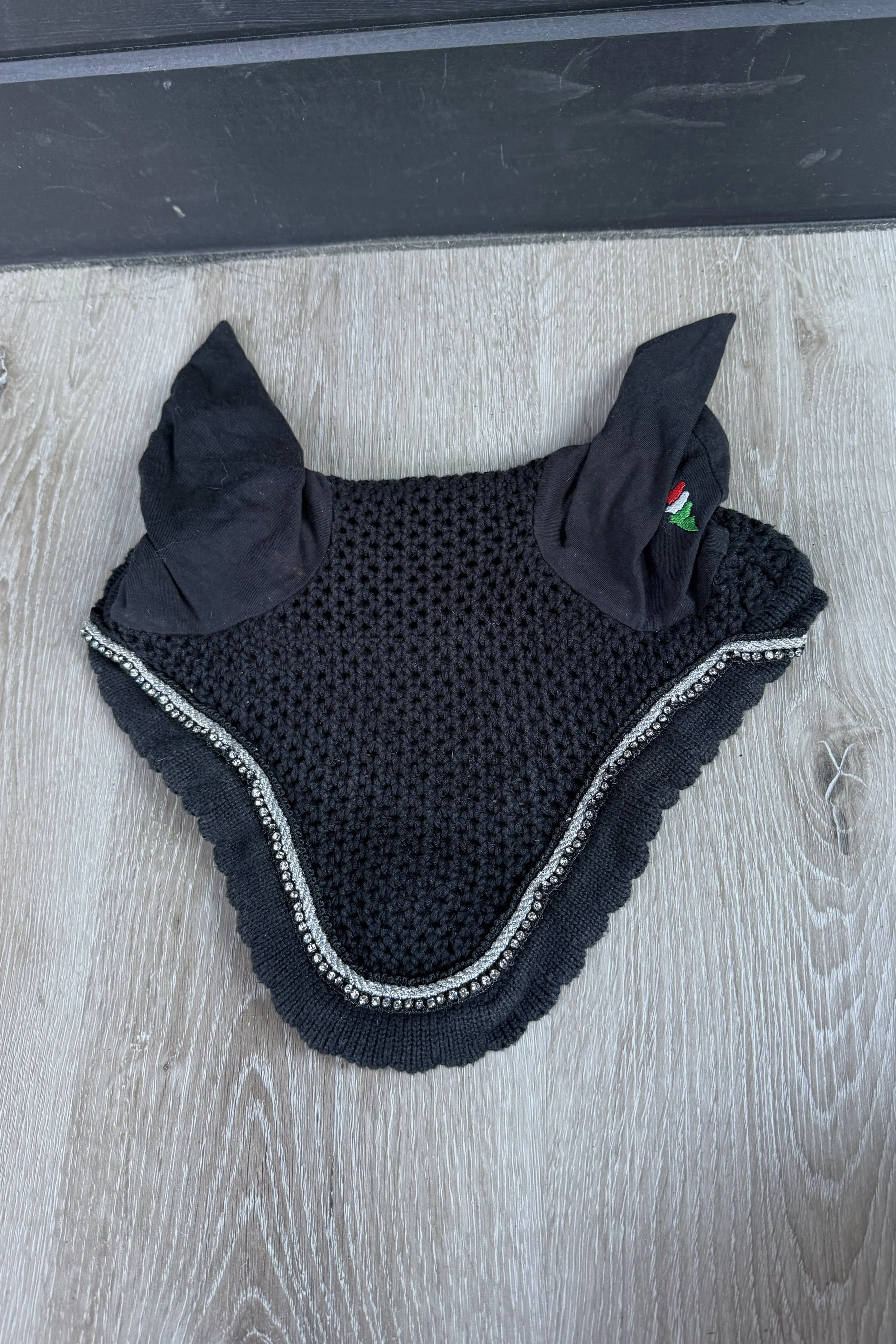 Equiline Rio Ear Bonnet With Rhinestone Trim in Black - Full