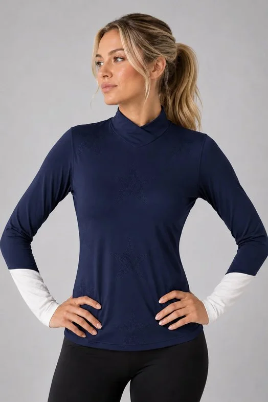 MILLBROOK The Starlight Perforated Mock Neck In Navy/White