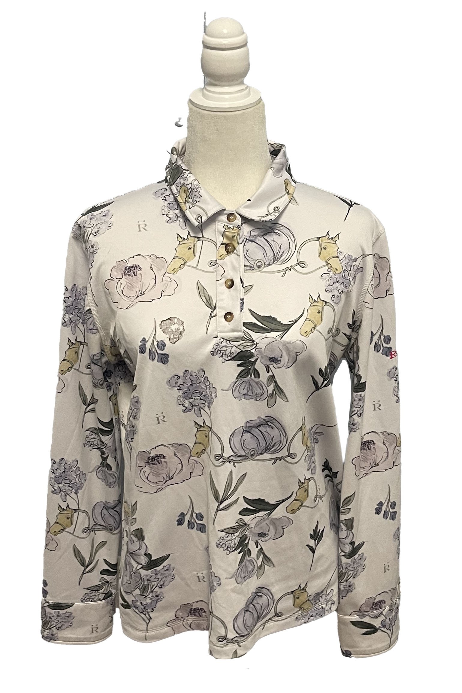 Ronner Sports Long Sleeve Polo In White Flower & Horse Print - XL