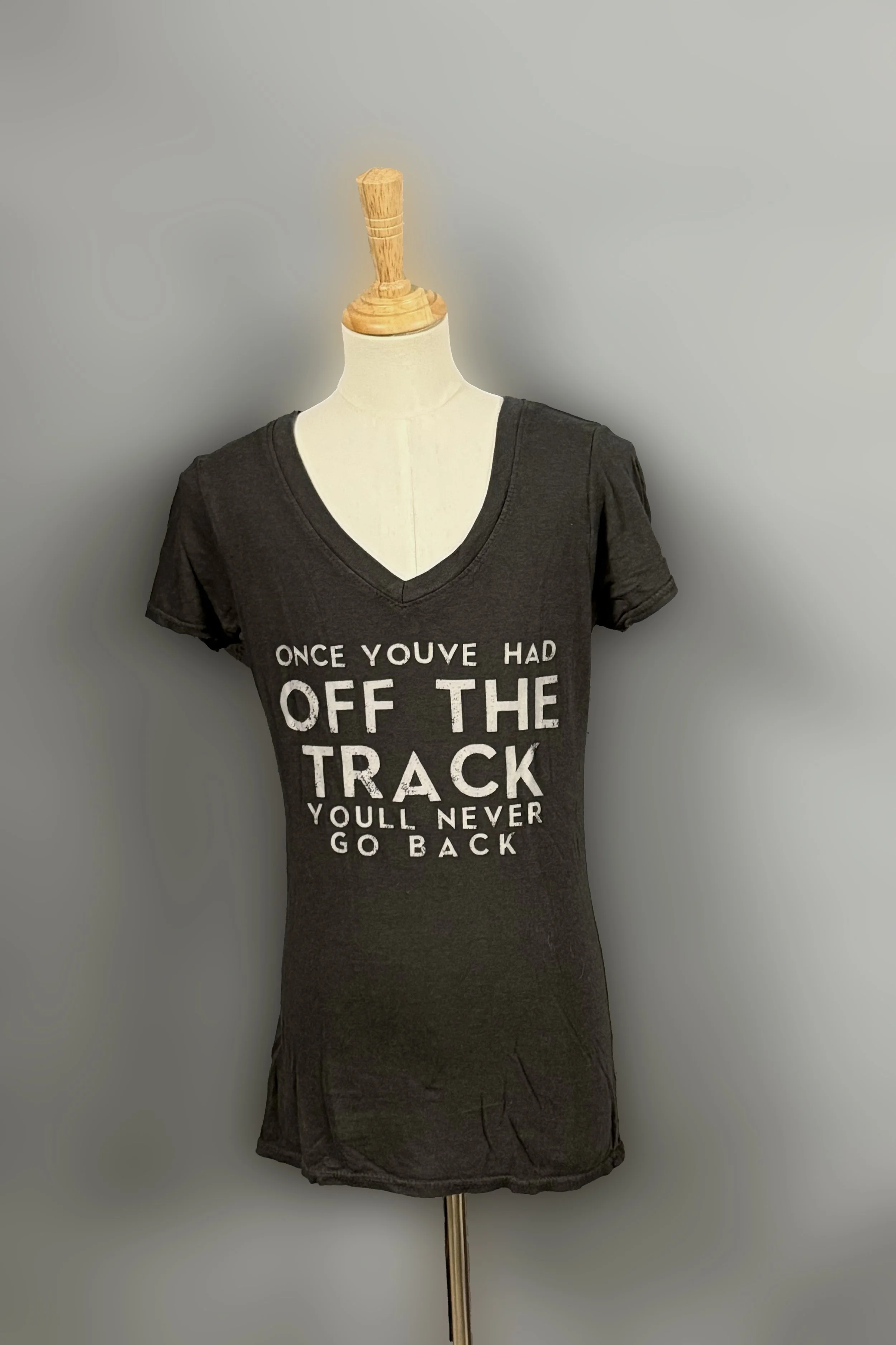 "Once Youve Had Off The Track, Youll Never Go Back" V-neck Tee In Grey- Small